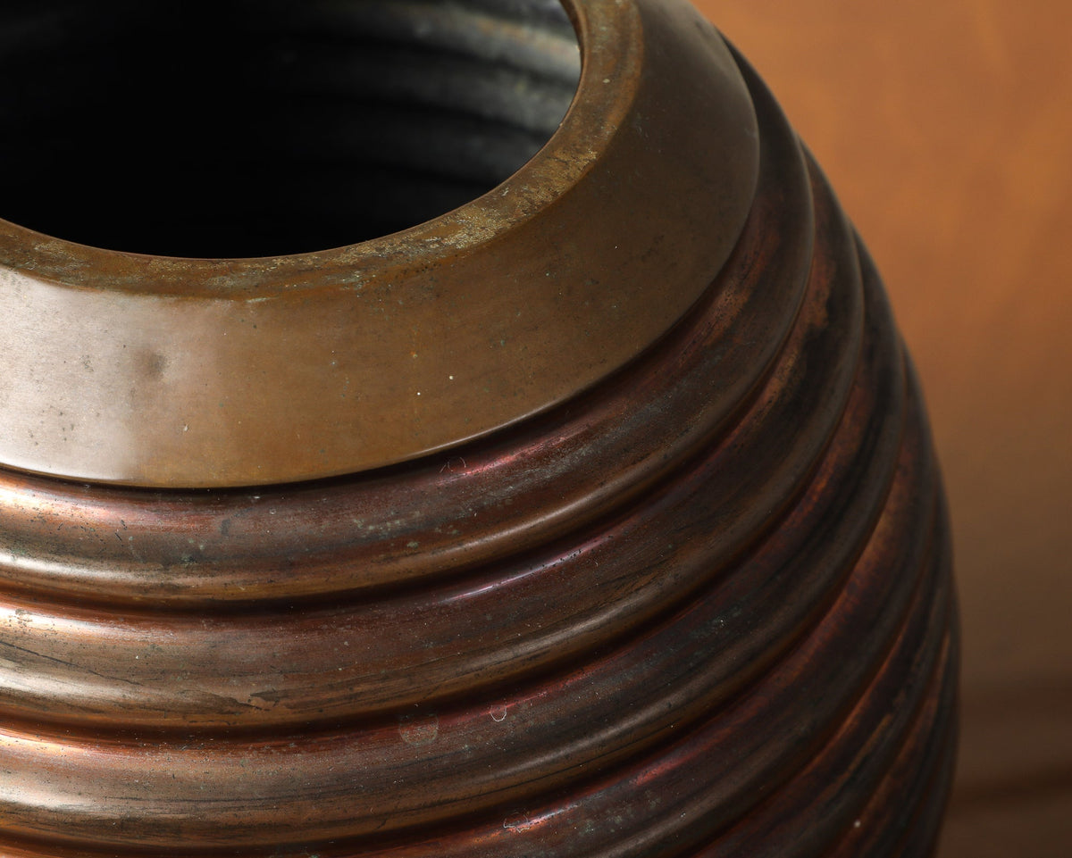 Italian Art Deco Ribbed Copper and Brass Vase, circa 1930