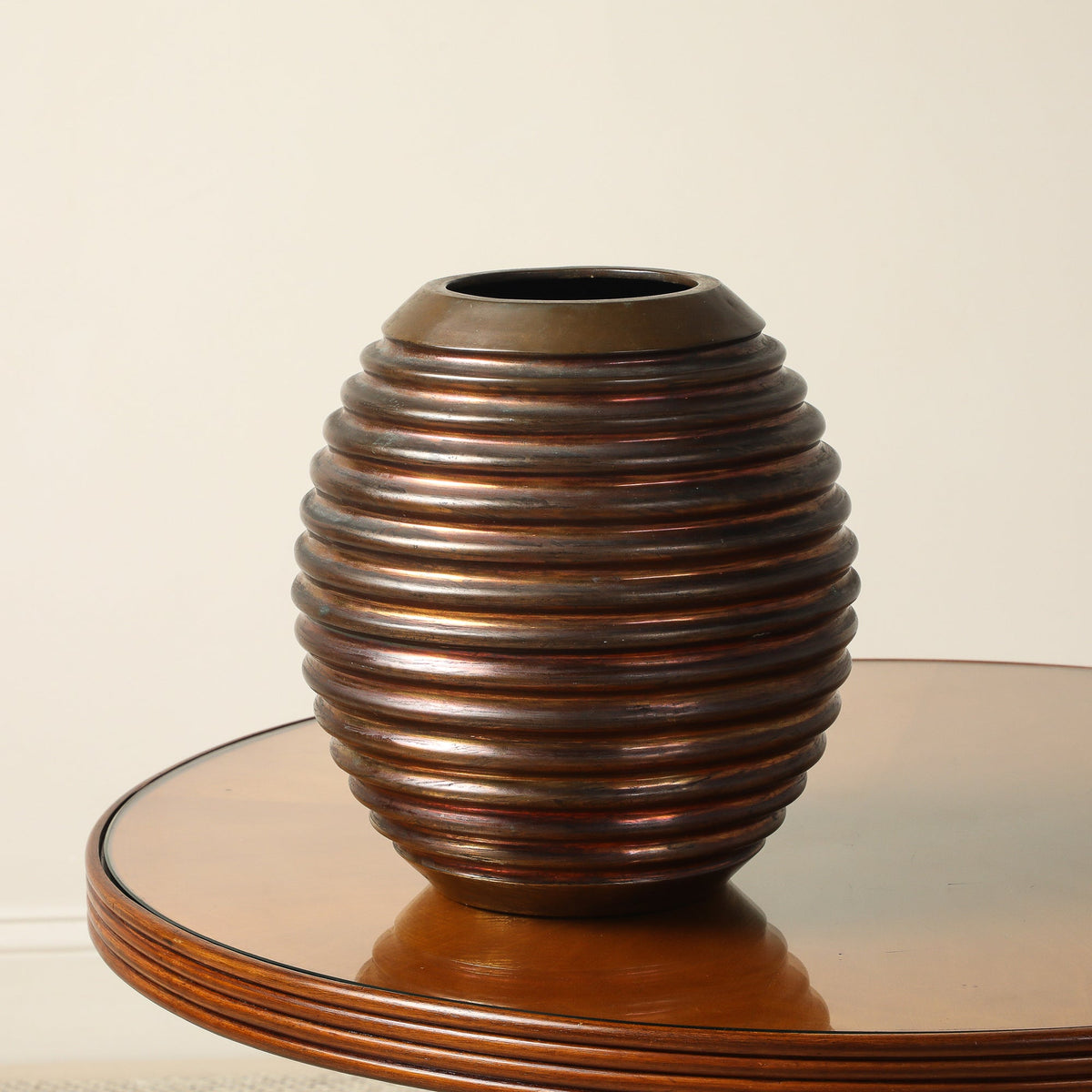 Italian Art Deco Ribbed Copper and Brass Vase, circa 1930