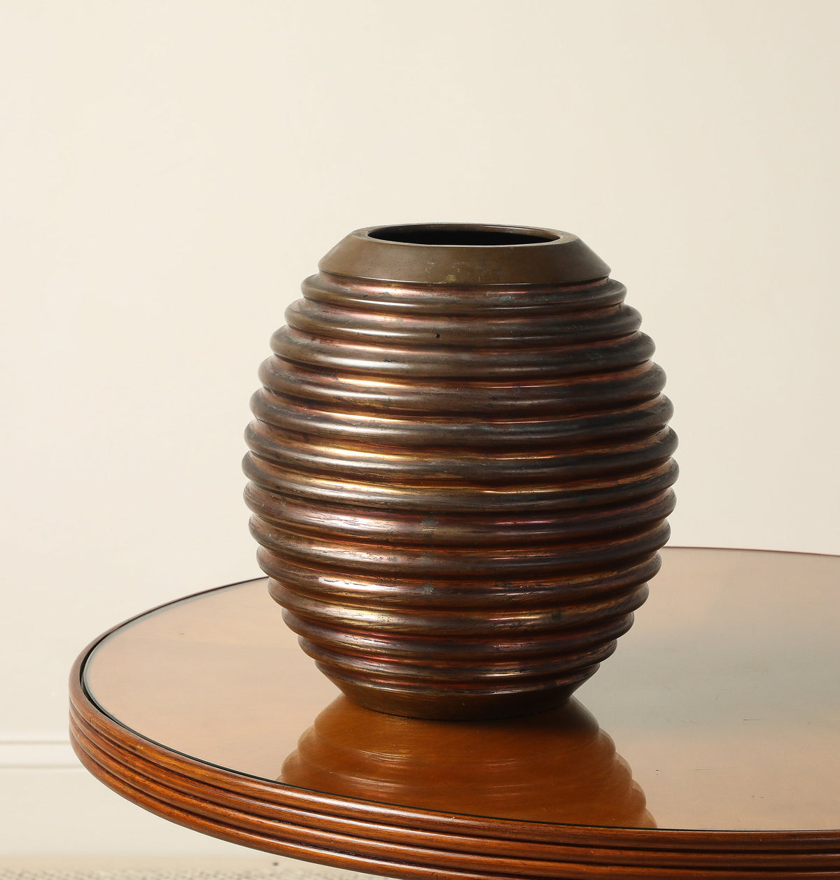 Italian Art Deco Ribbed Copper and Brass Vase, circa 1930