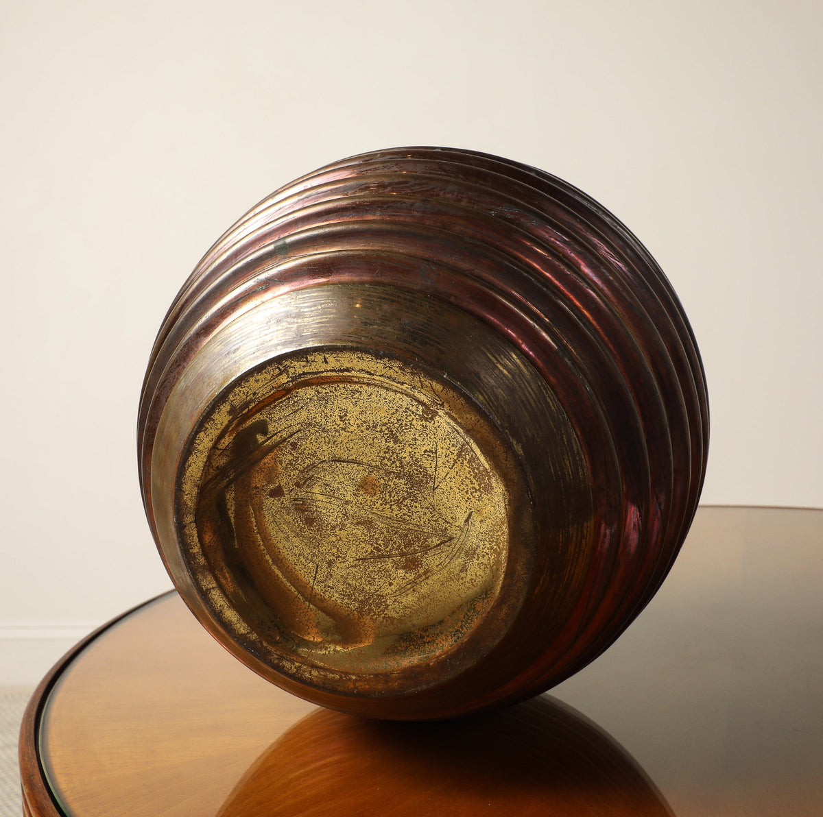 Italian Art Deco Ribbed Copper and Brass Vase, circa 1930