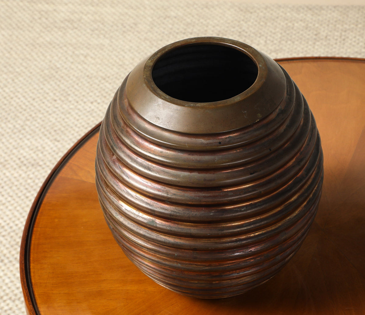 Italian Art Deco Ribbed Copper and Brass Vase, circa 1930
