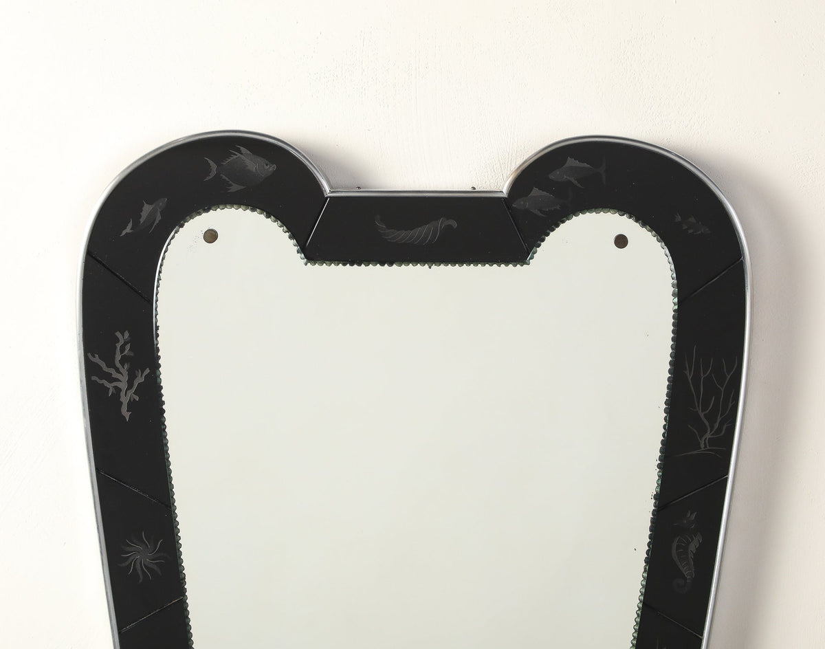 Luigi Brusotti for Fontana Arte 1930's Black Etched Glass Maritime Mirror