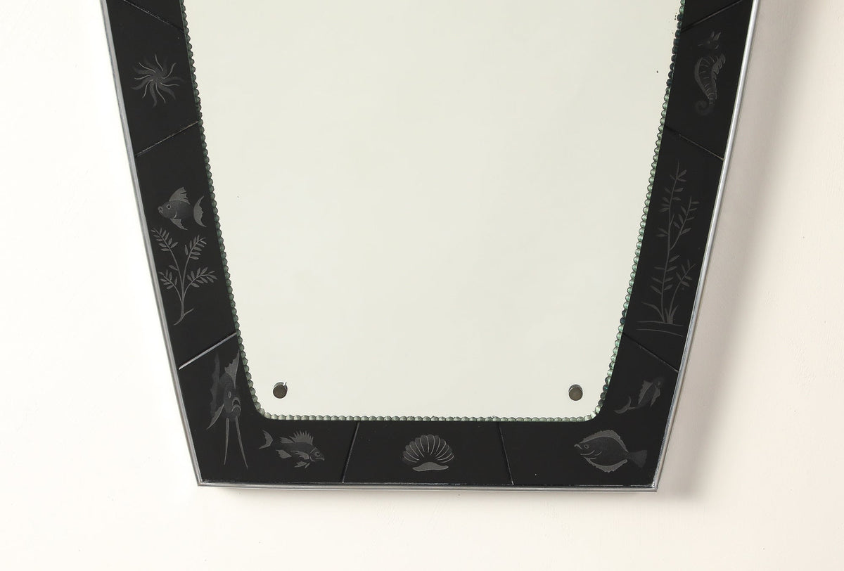 Luigi Brusotti for Fontana Arte 1930's Black Etched Glass Maritime Mirror