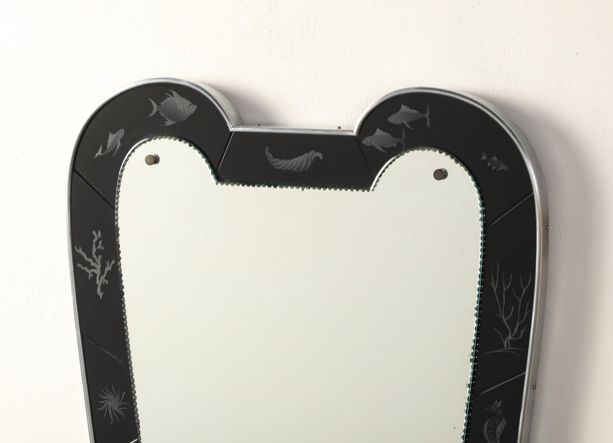 Luigi Brusotti for Fontana Arte 1930's Black Etched Glass Maritime Mirror