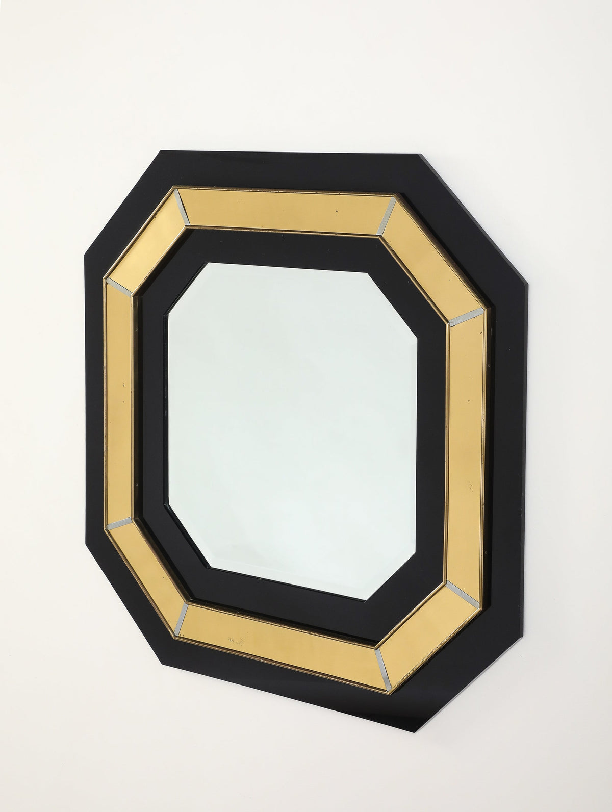 Jean-Claude Mahey Octagonal Black Lacquered & Brass Wall Mirror, circa 1970