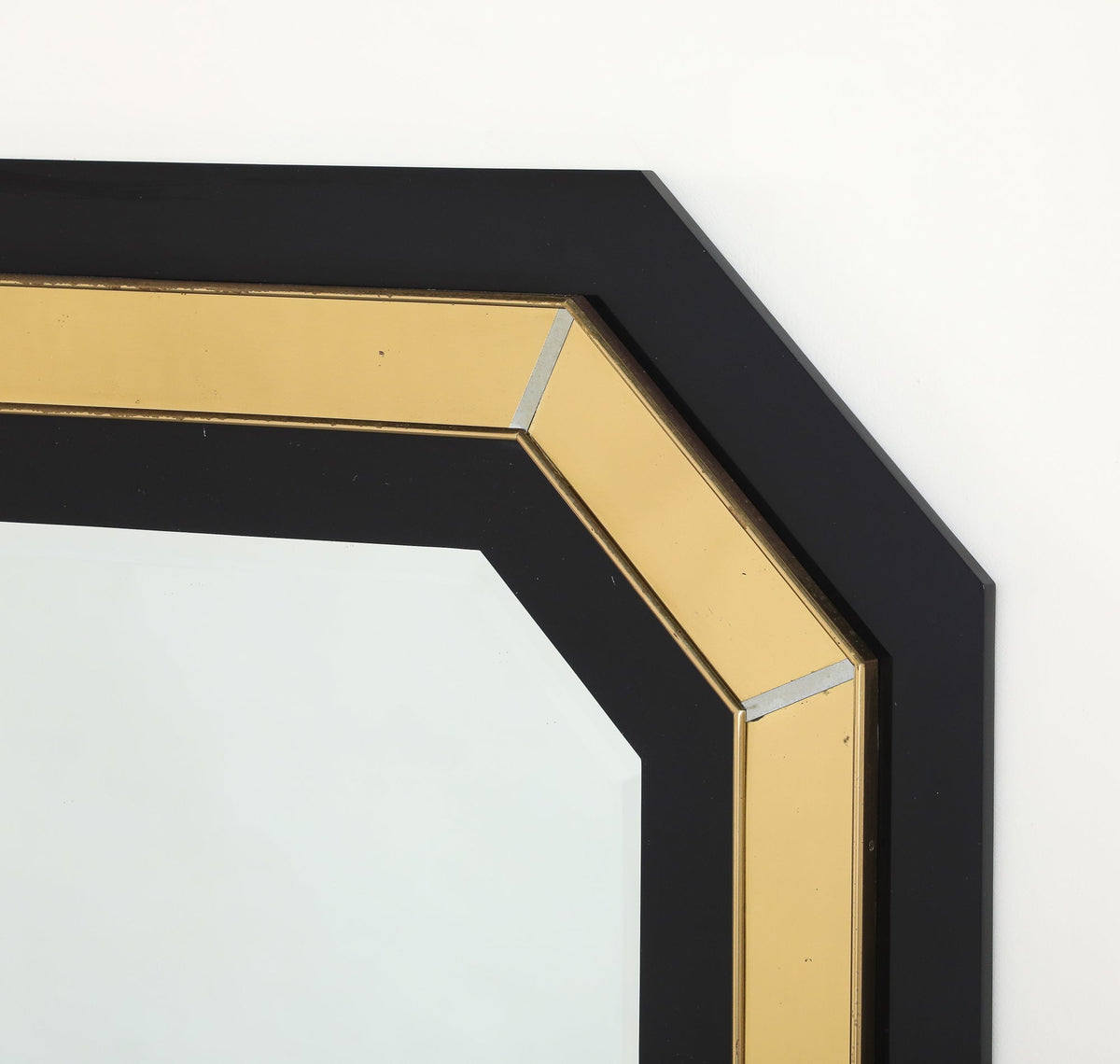 Jean-Claude Mahey Octagonal Black Lacquered & Brass Wall Mirror, circa 1970