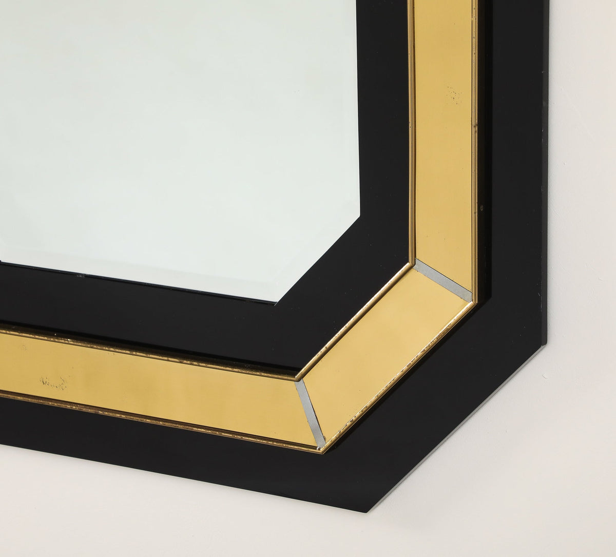 Jean-Claude Mahey Octagonal Black Lacquered & Brass Wall Mirror, circa 1970