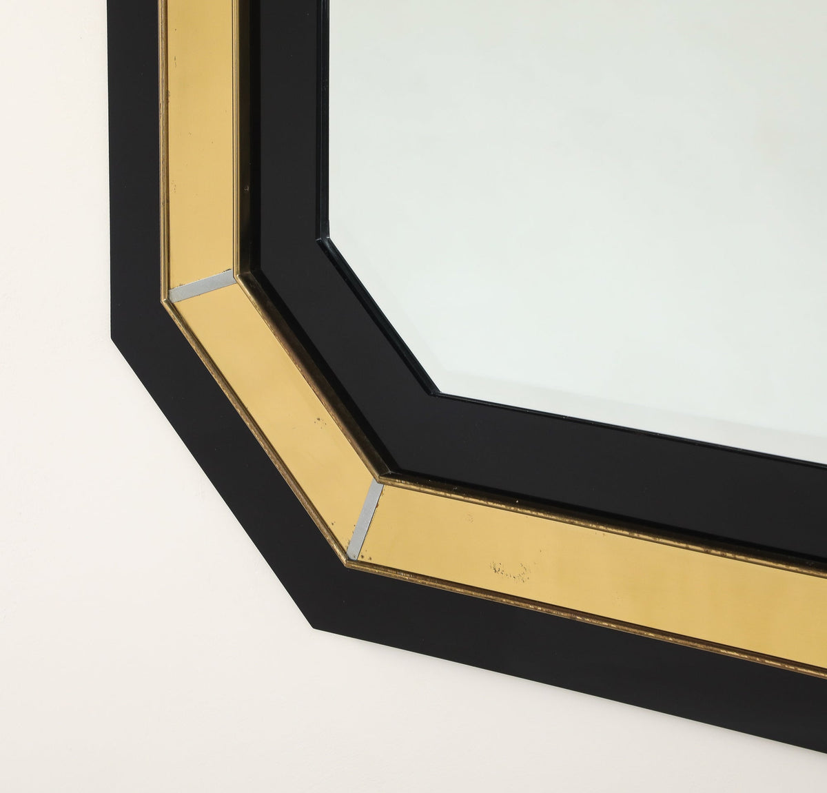 Jean-Claude Mahey Octagonal Black Lacquered & Brass Wall Mirror, circa 1970