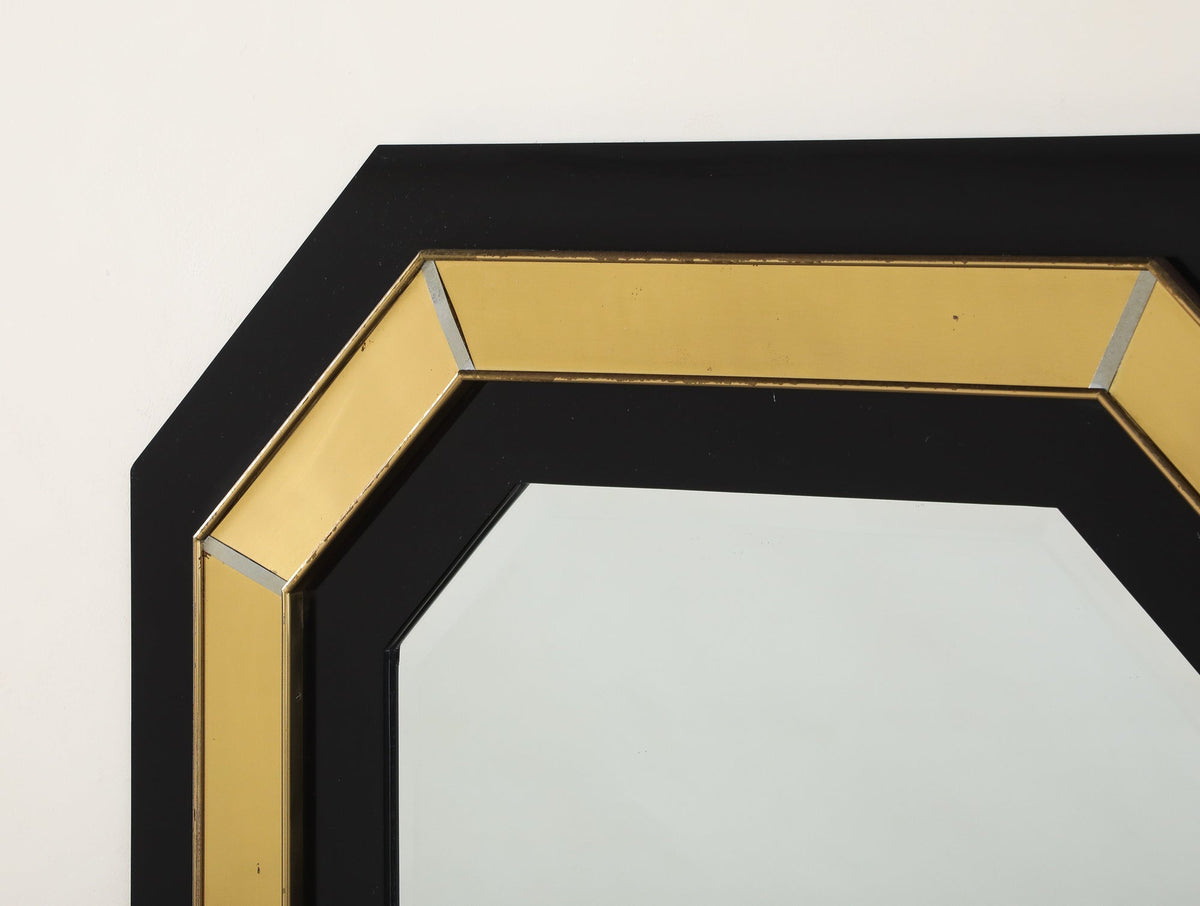 Jean-Claude Mahey Octagonal Black Lacquered & Brass Wall Mirror, circa 1970