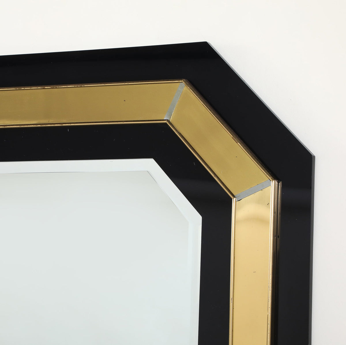 Jean-Claude Mahey Octagonal Black Lacquered & Brass Wall Mirror, circa 1970