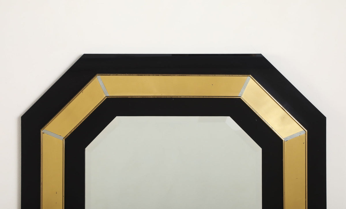 Jean-Claude Mahey Octagonal Black Lacquered & Brass Wall Mirror, circa 1970