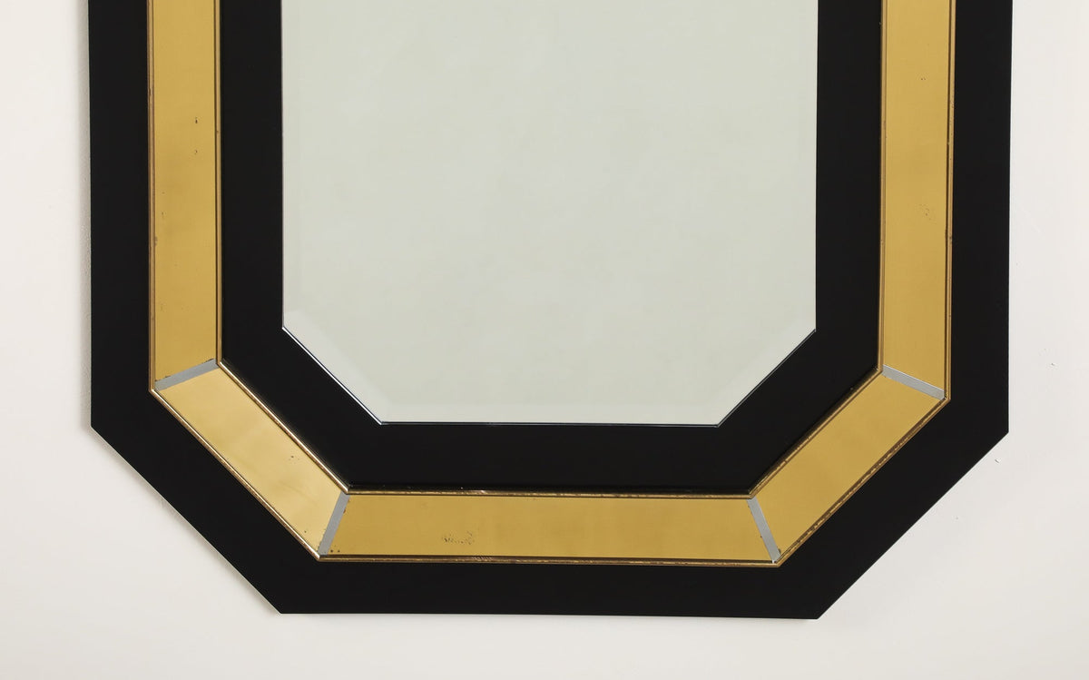 Jean-Claude Mahey Octagonal Black Lacquered & Brass Wall Mirror, circa 1970