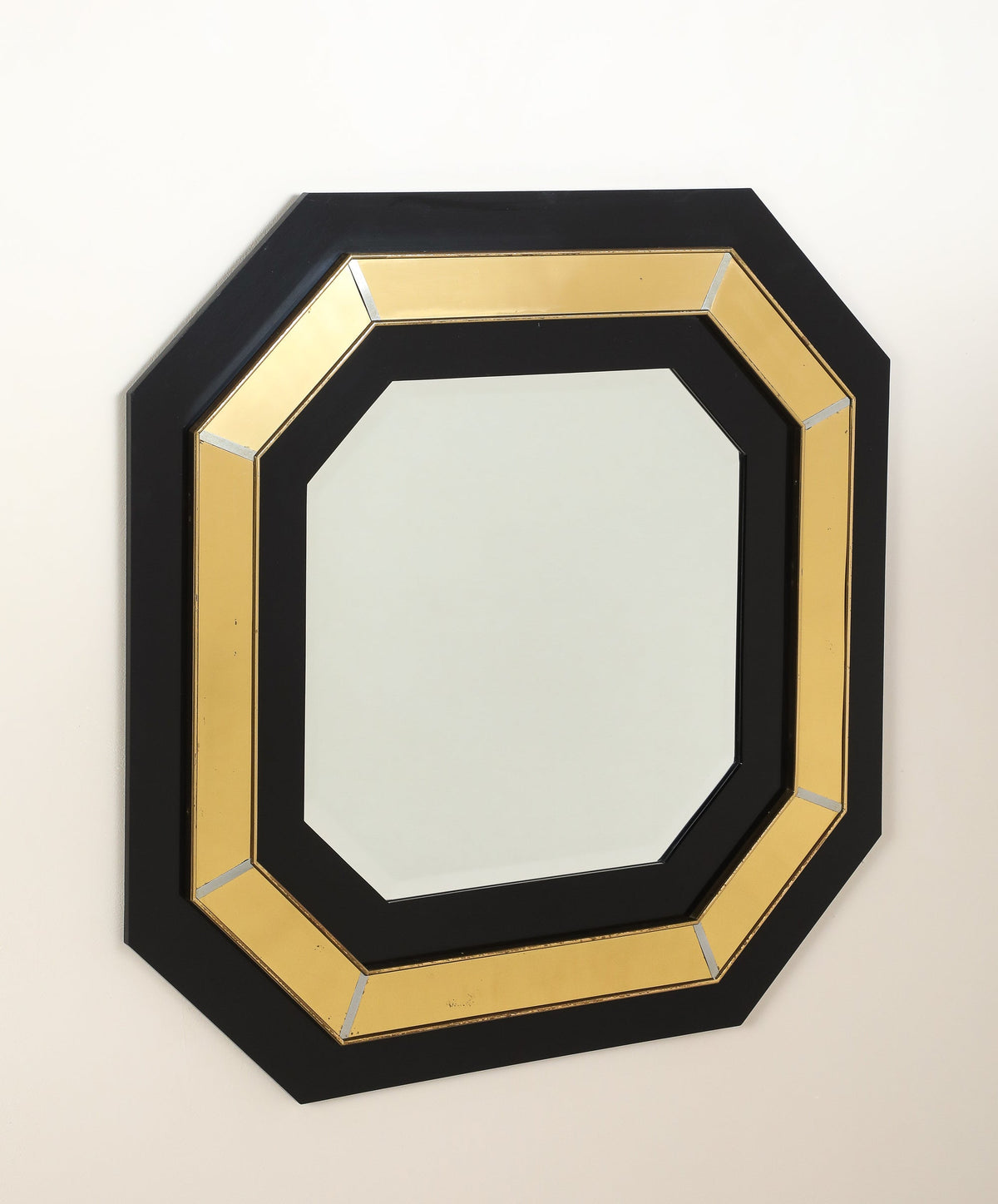 Jean-Claude Mahey Octagonal Black Lacquered & Brass Wall Mirror, circa 1970