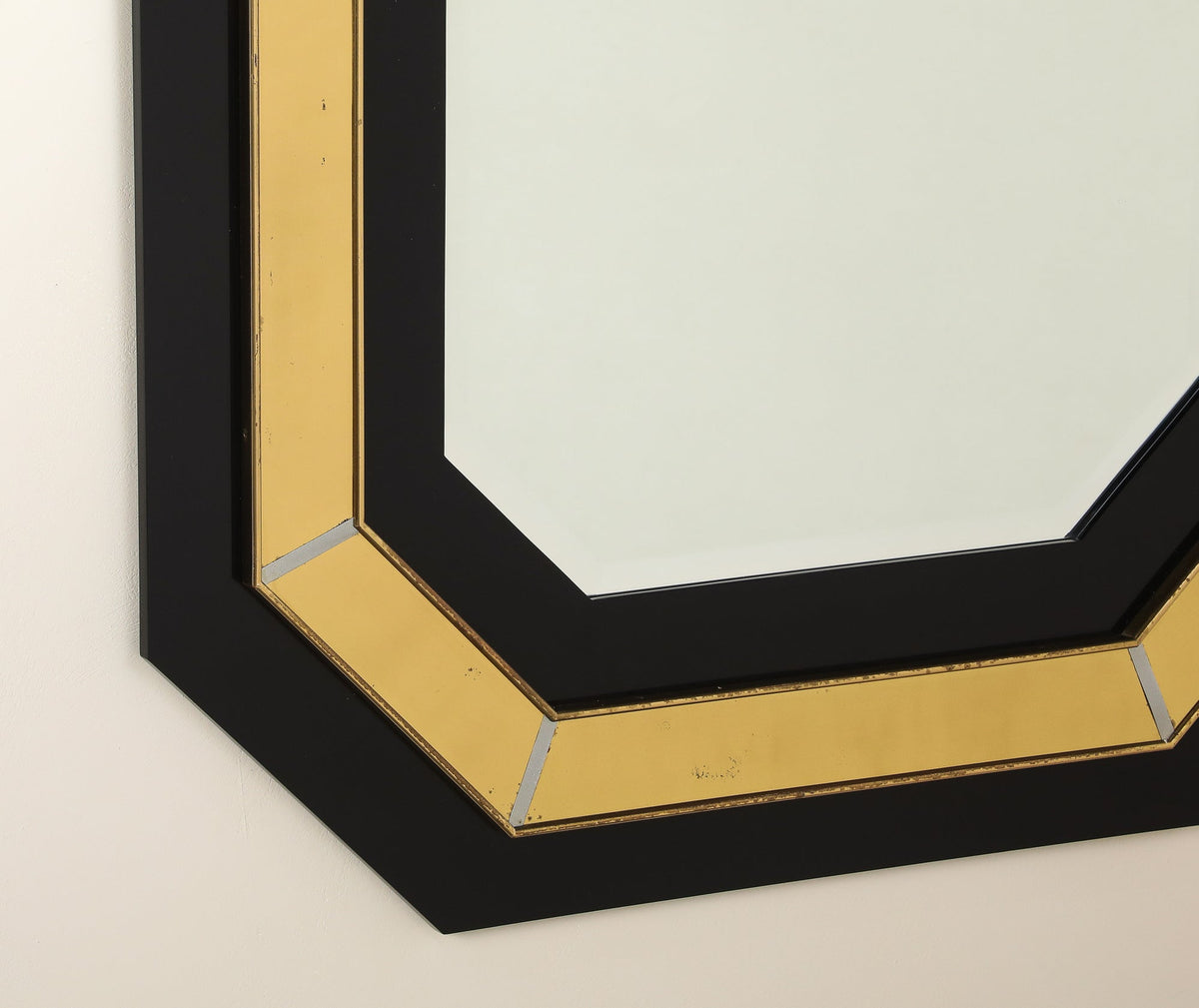 Jean-Claude Mahey Octagonal Black Lacquered & Brass Wall Mirror, circa 1970