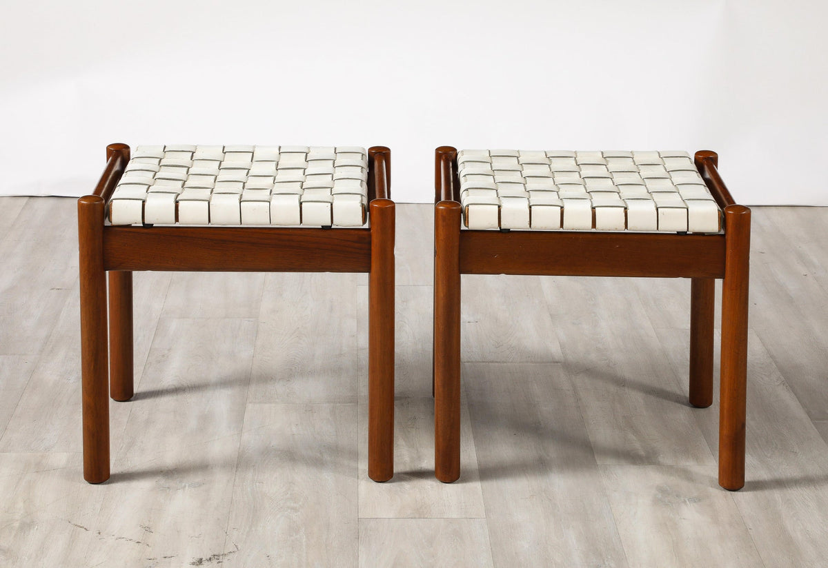 Italian 1960's Walnut Stools with Woven Leather Seats