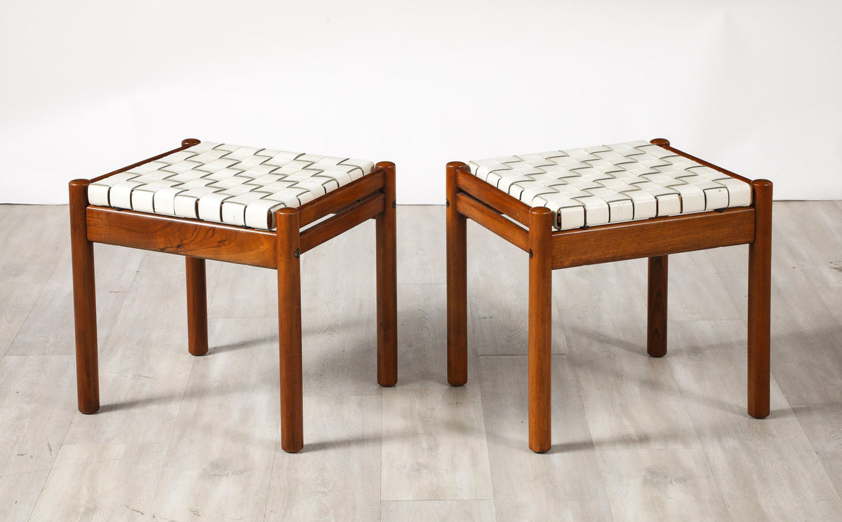 Italian 1960's Walnut Stools with Woven Leather Seats