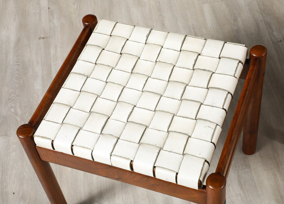 Italian 1960's Walnut Stools with Woven Leather Seats