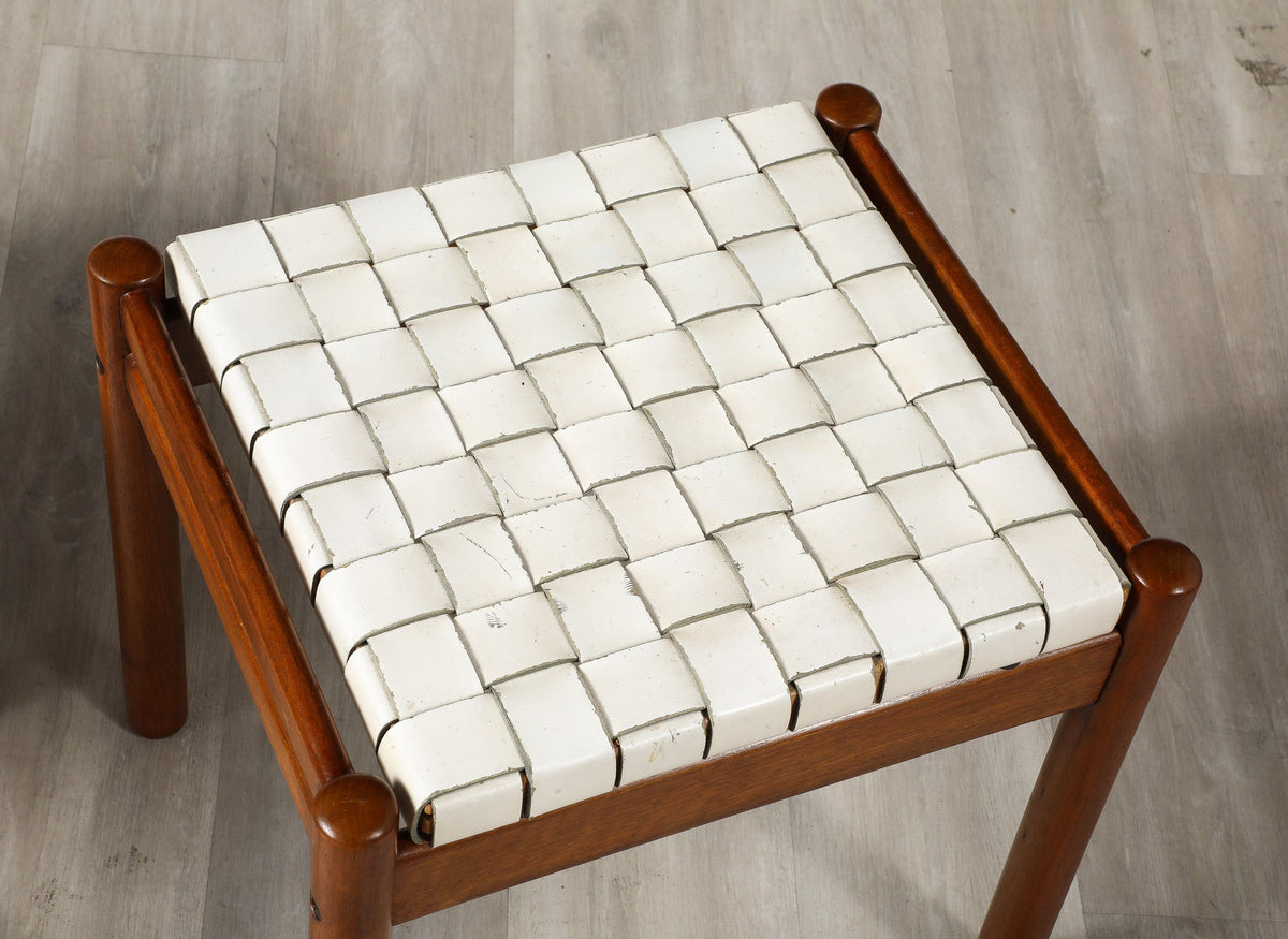 Italian 1960's Walnut Stools with Woven Leather Seats