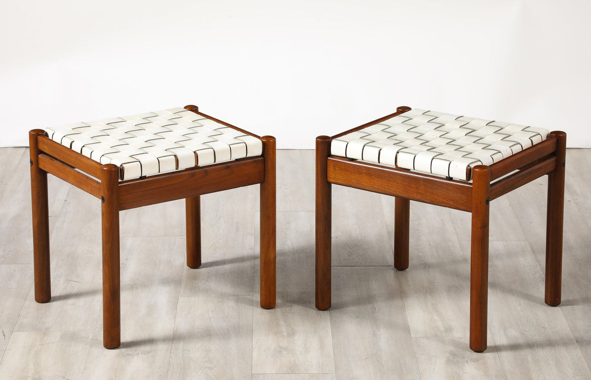 Italian 1960's Walnut Stools with Woven Leather Seats