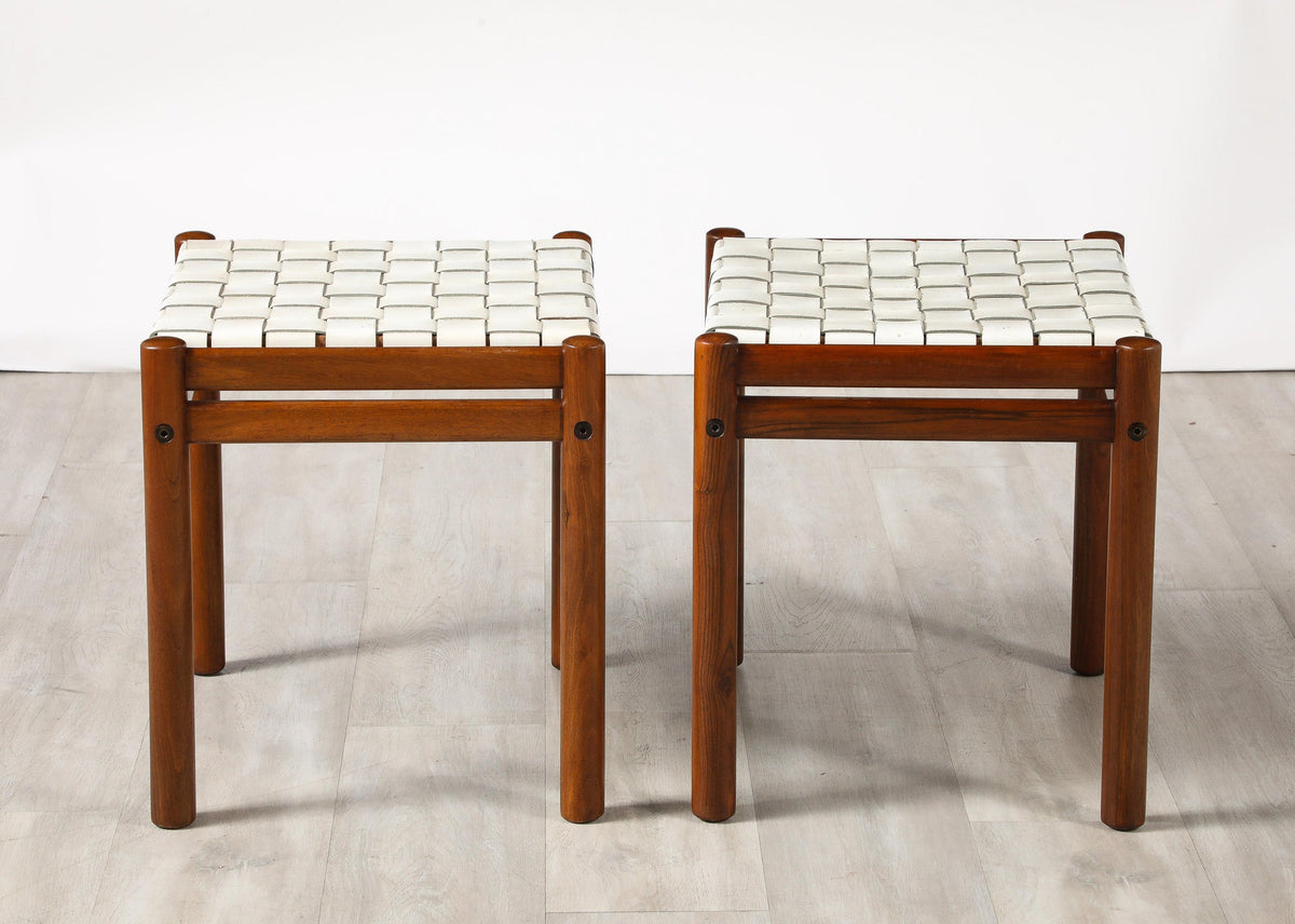 Italian 1960's Walnut Stools with Woven Leather Seats