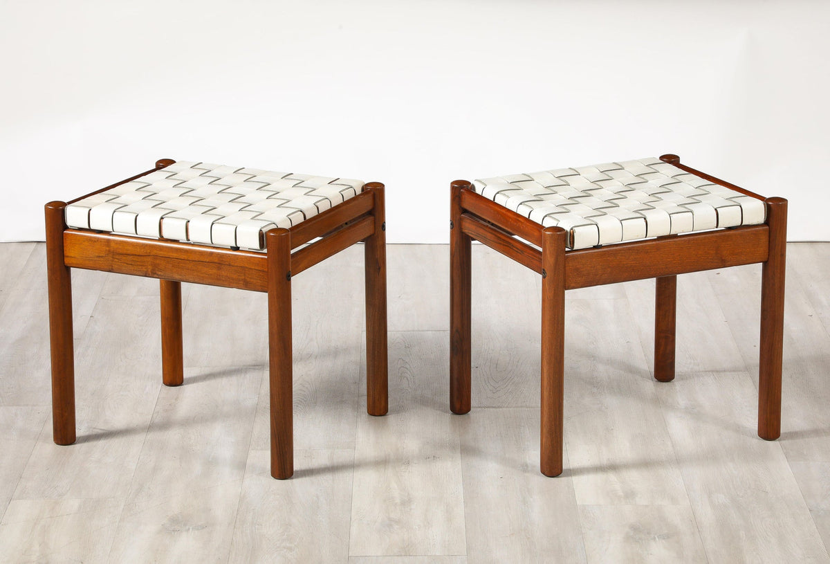 Italian 1960's Walnut Stools with Woven Leather Seats