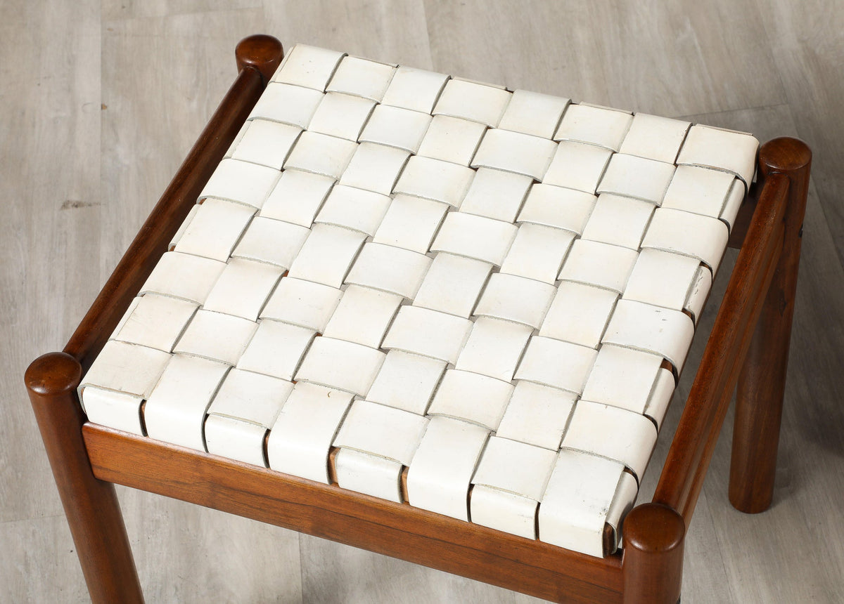 Italian 1960's Walnut Stools with Woven Leather Seats