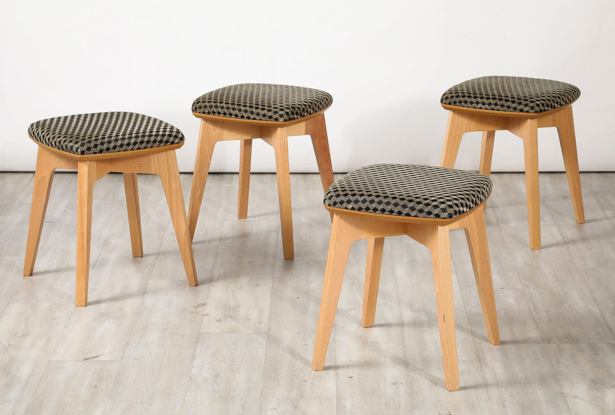 Set of Four Italian Modernist Stools, Beech Wood, Upholstered, 1960s