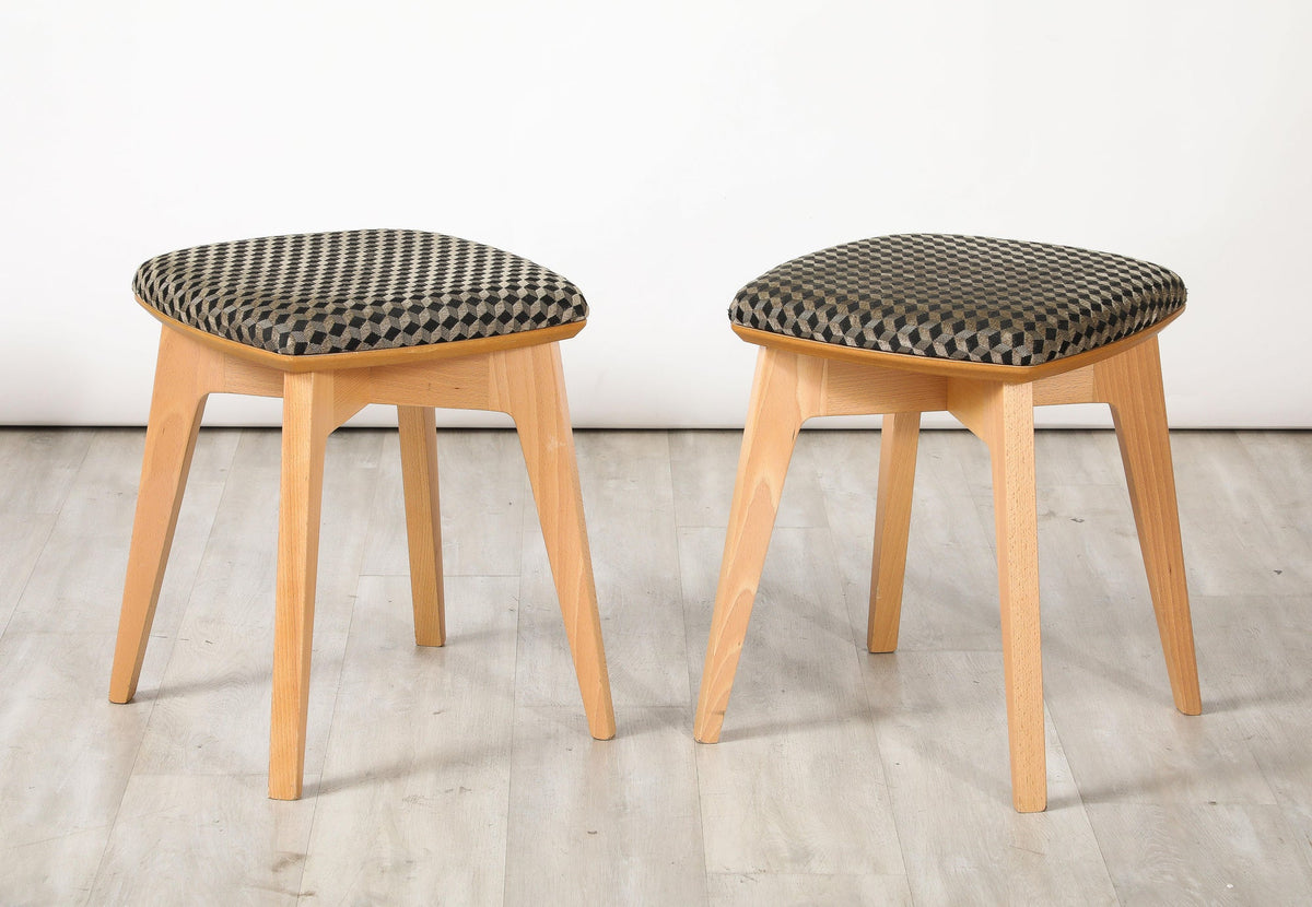Set of Four Italian Modernist Stools, Beech Wood, Upholstered, 1960s