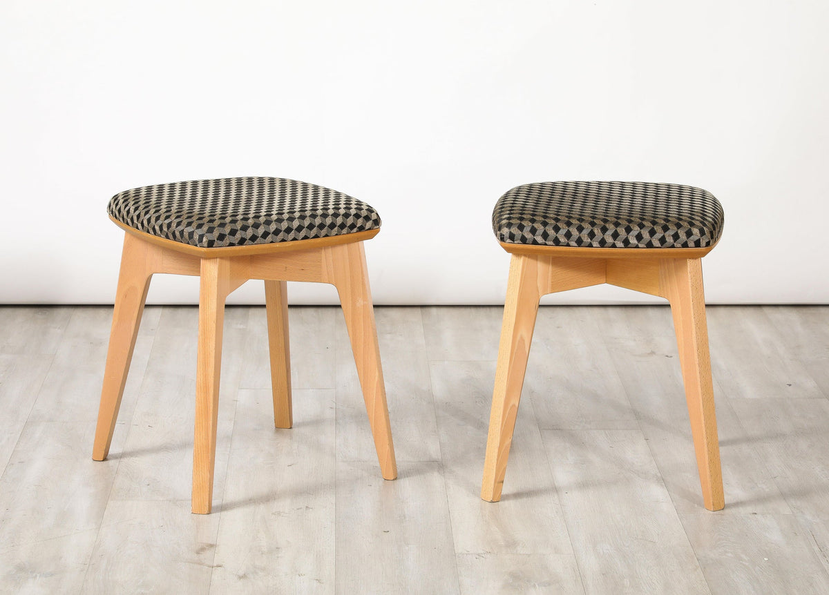Set of Four Italian Modernist Stools, Beech Wood, Upholstered, 1960s