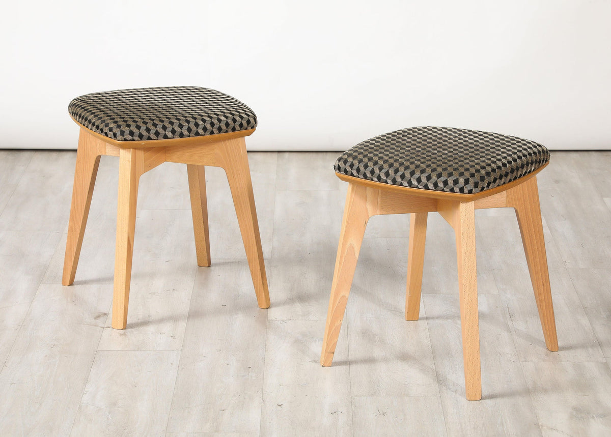 Set of Four Italian Modernist Stools, Beech Wood, Upholstered, 1960s