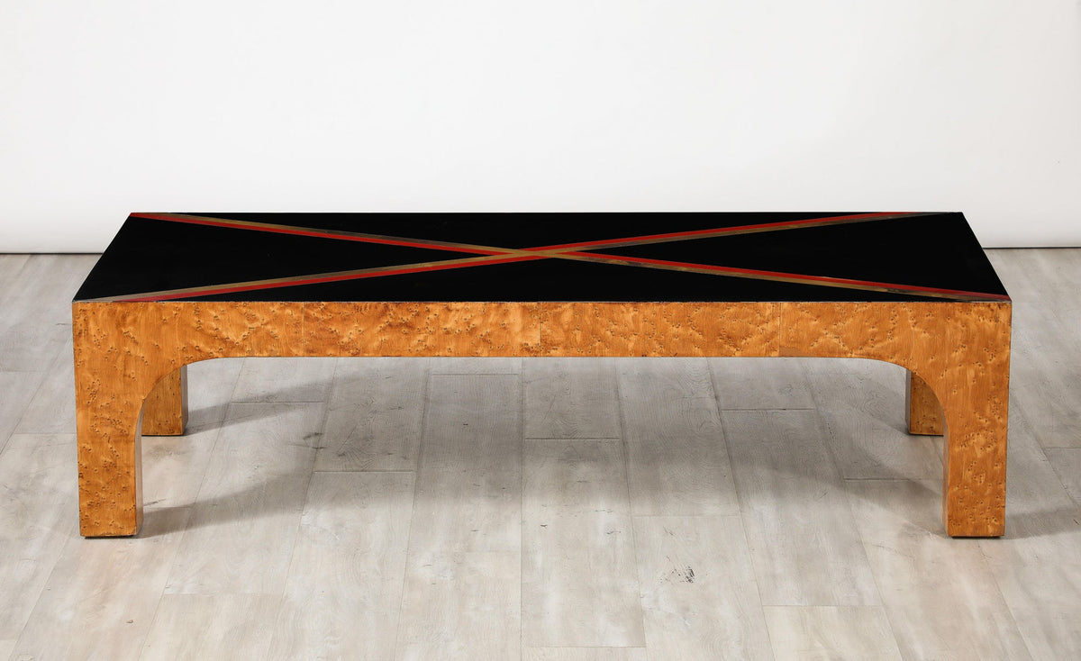 Italian Modernist Coffee Table, Birds Eye Maple & Black Glass, 1970