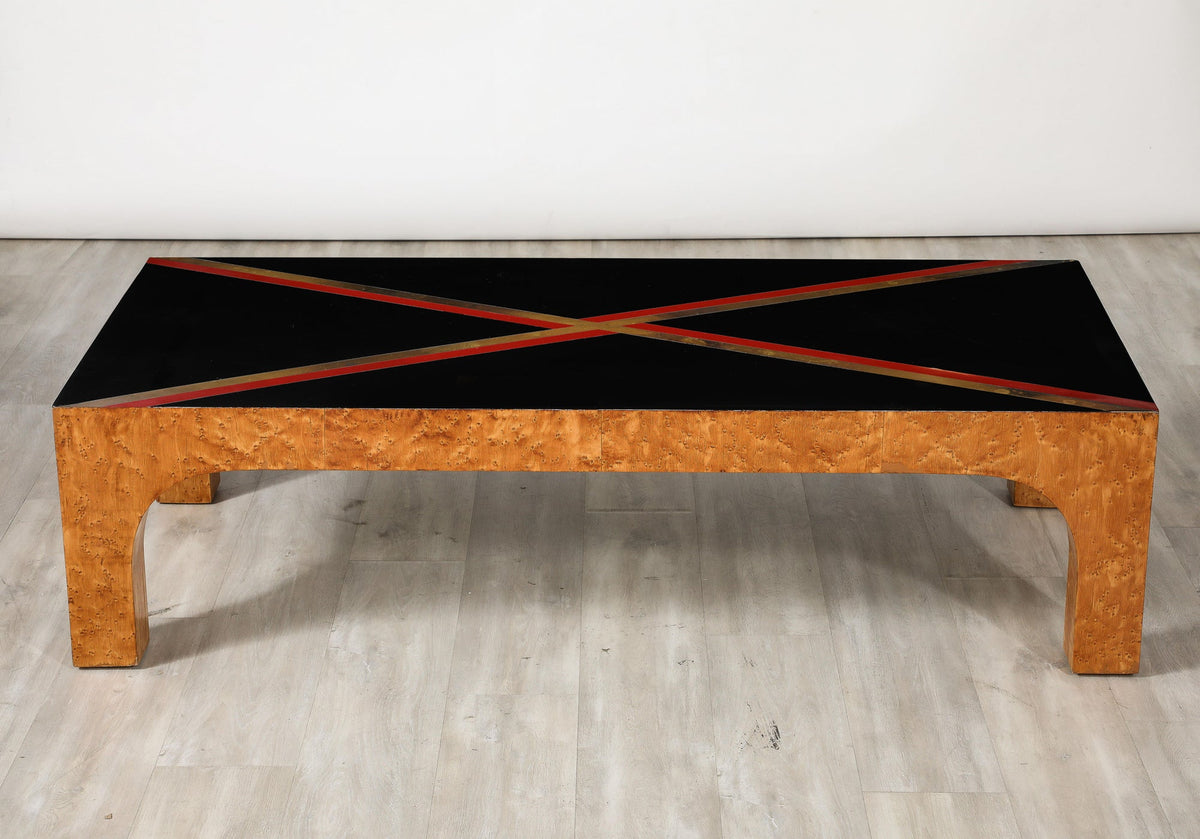 Italian Modernist Coffee Table, Birds Eye Maple & Black Glass, 1970