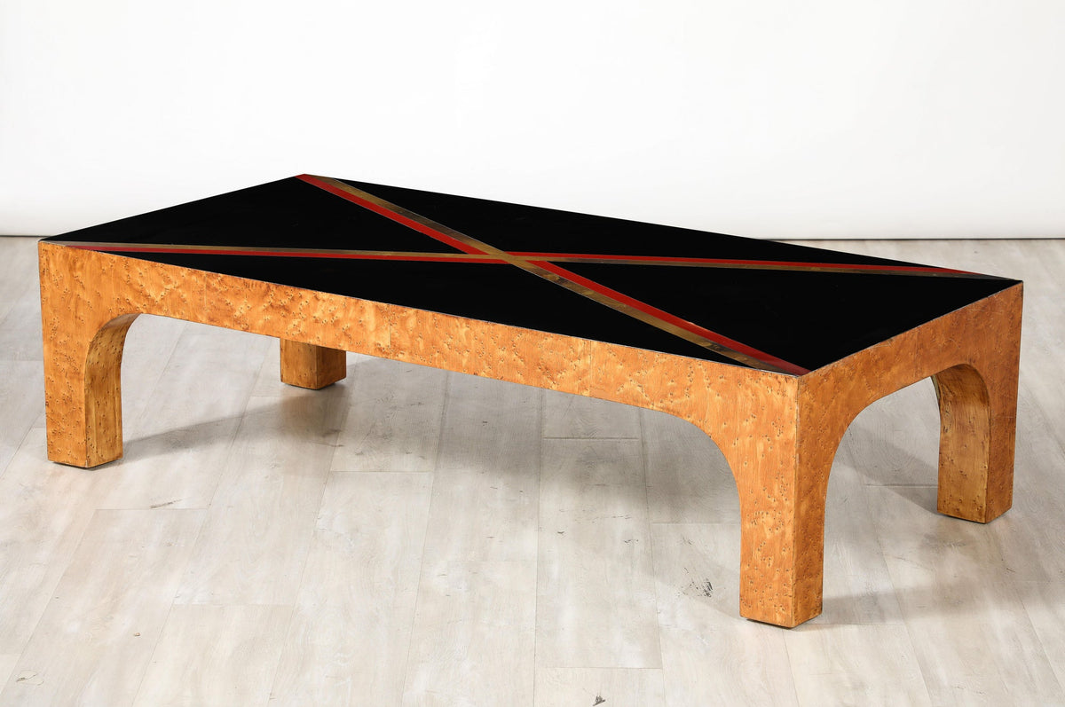 Italian Modernist Coffee Table, Birds Eye Maple & Black Glass, 1970