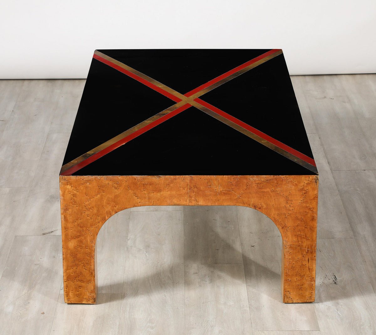 Italian Modernist Coffee Table, Birds Eye Maple & Black Glass, 1970