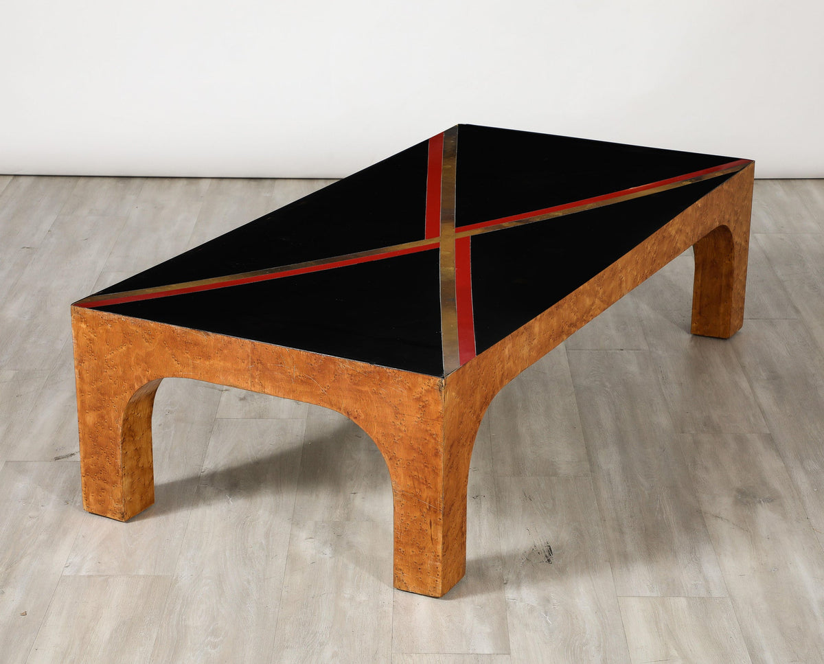 Italian Modernist Coffee Table, Birds Eye Maple & Black Glass, 1970