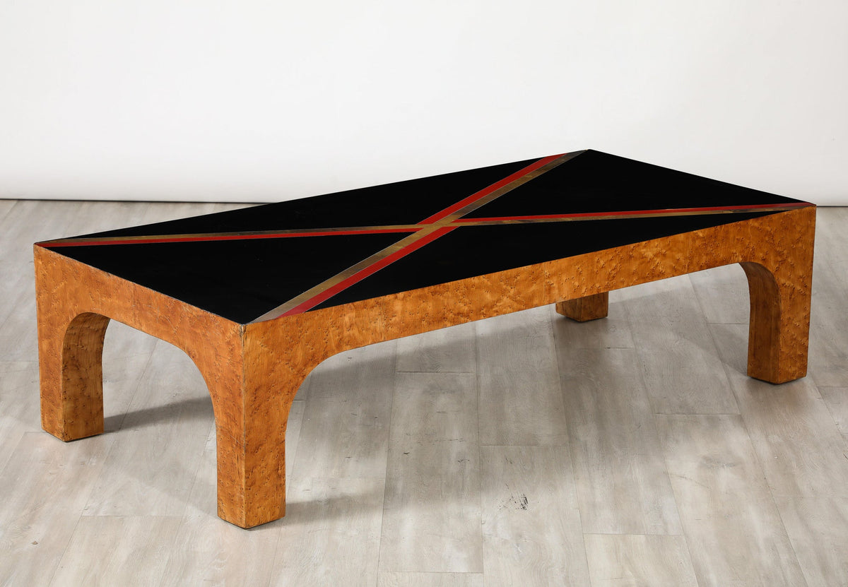 Italian Modernist Coffee Table, Birds Eye Maple & Black Glass, 1970