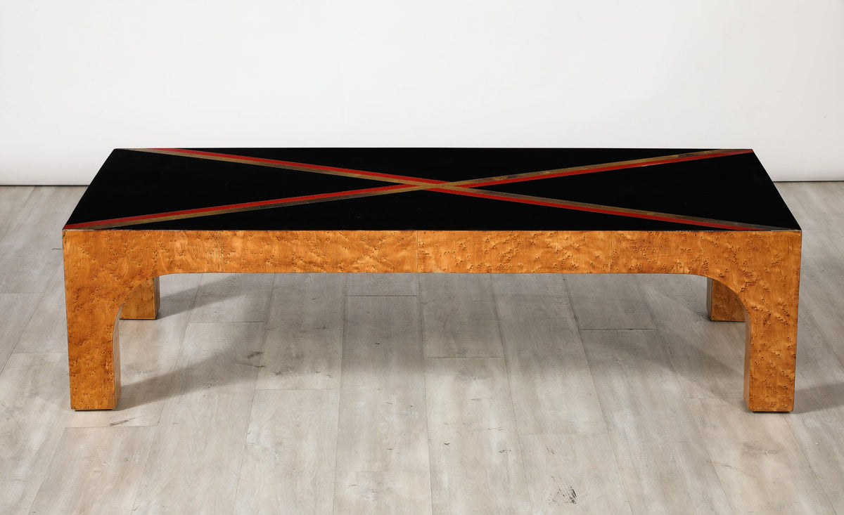 Italian Modernist Coffee Table, Birds Eye Maple & Black Glass, 1970