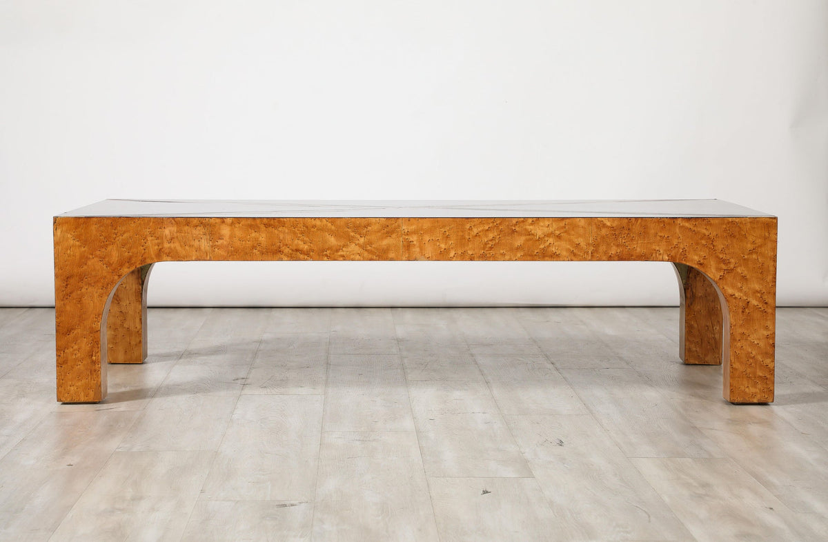 Italian Modernist Coffee Table, Birds Eye Maple & Black Glass, 1970