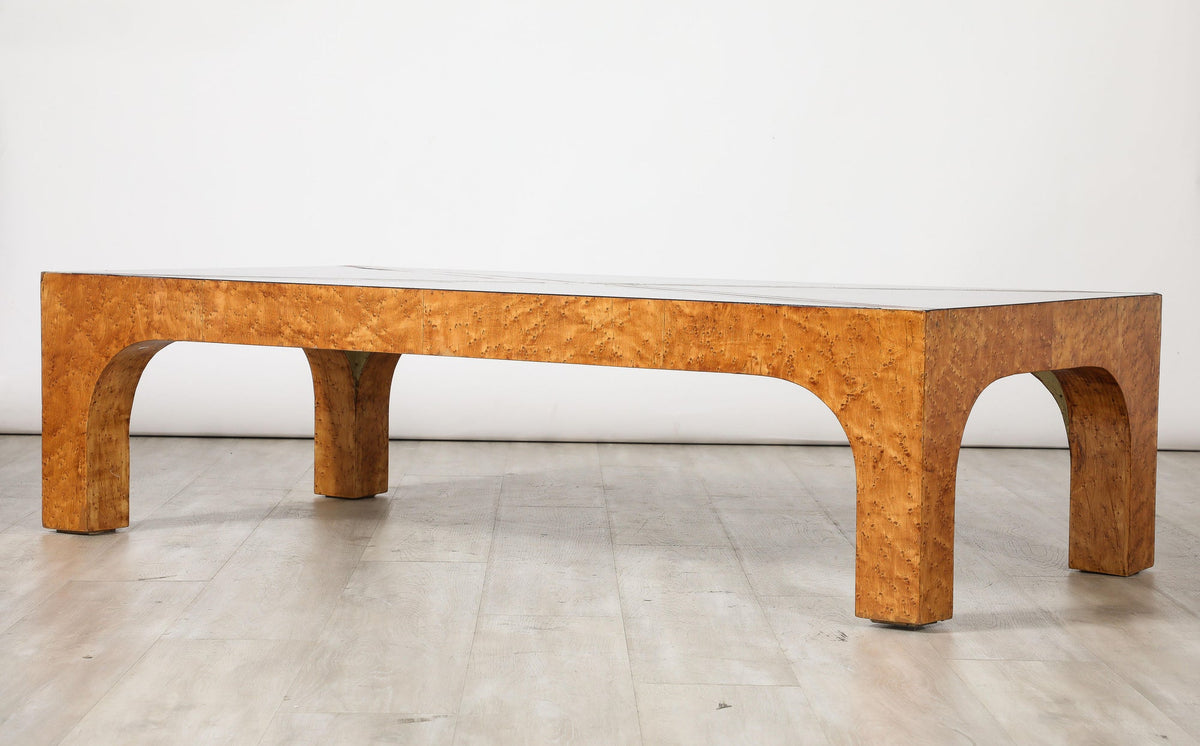 Italian Modernist Coffee Table, Birds Eye Maple & Black Glass, 1970