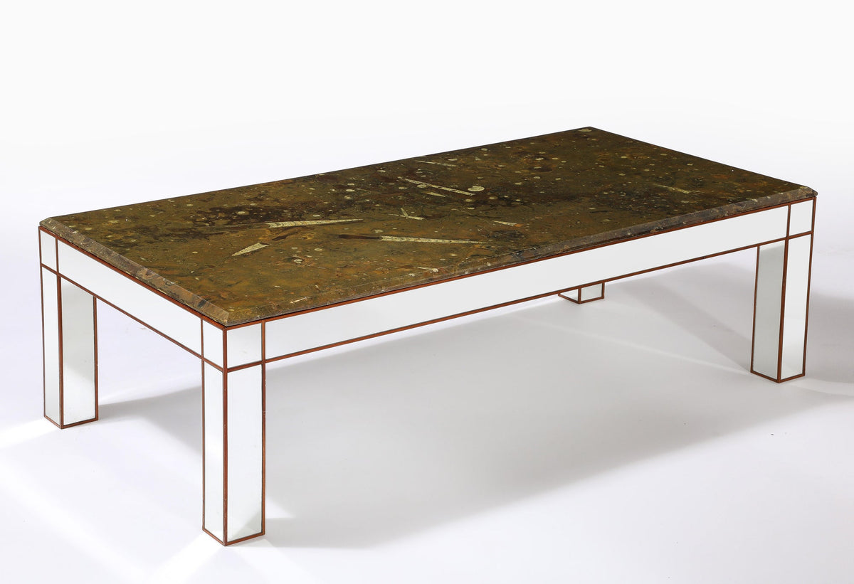 Italian Modernist Fossilized Marble Cocktail Table, Walnut Base, 1950