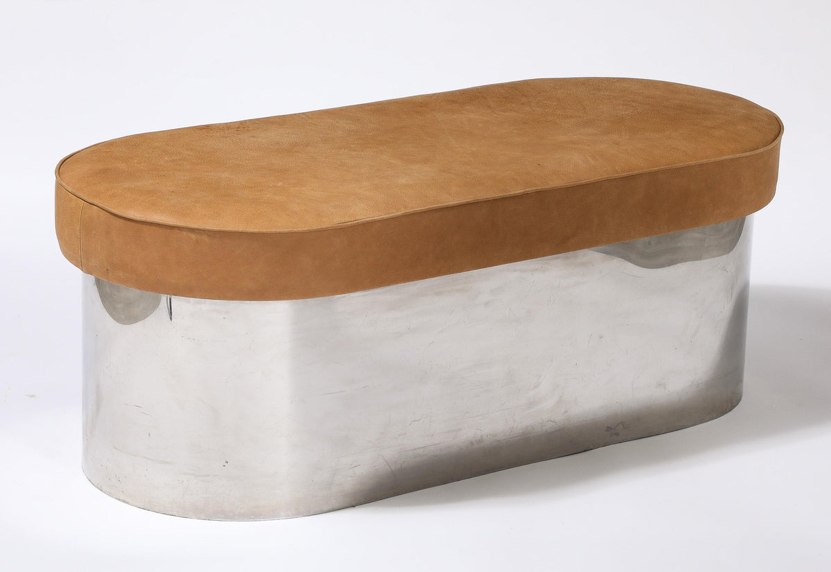 Italian Modernist Chrome Bench with Caramel Leather Cushion, 1970