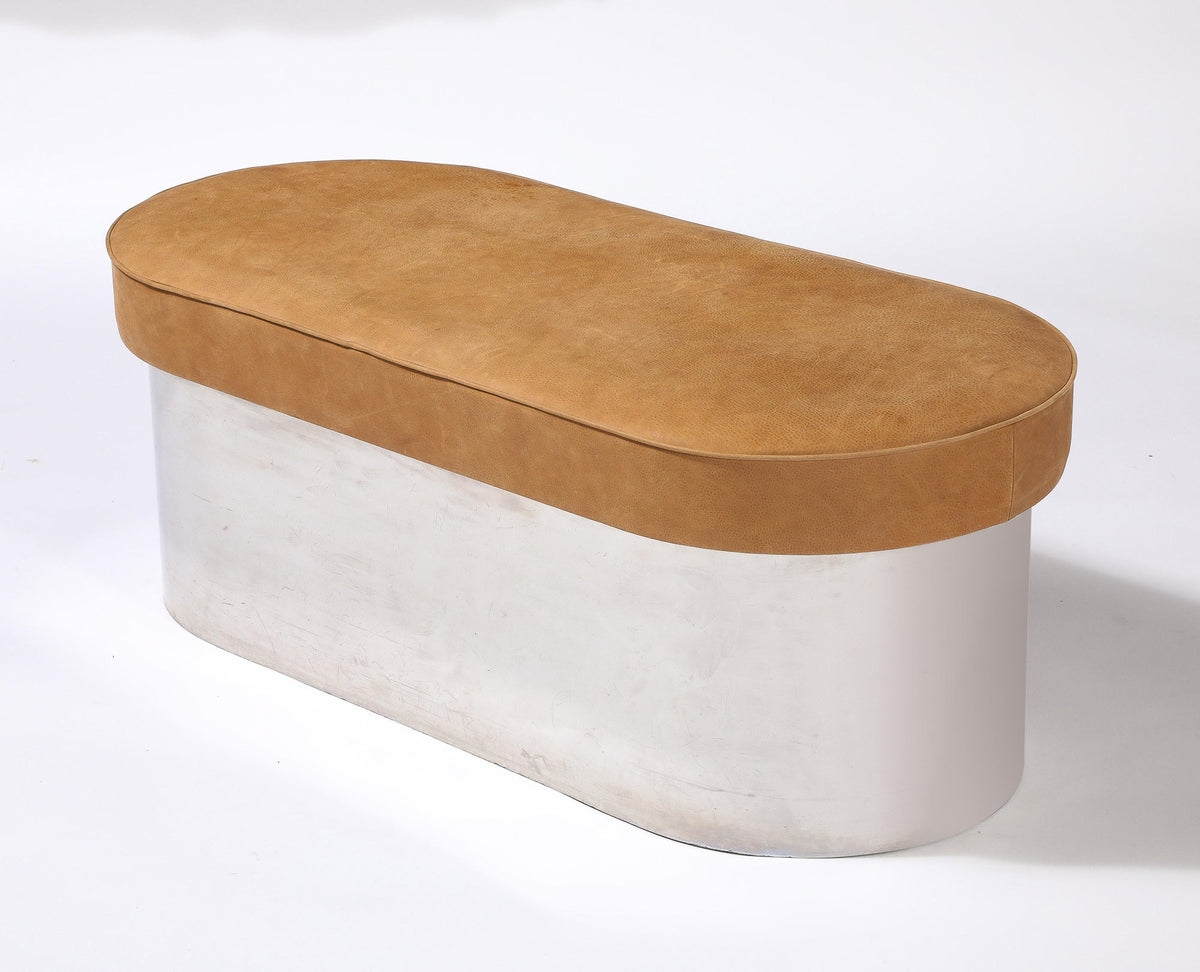 Italian Modernist Chrome Bench with Caramel Leather Cushion, 1970