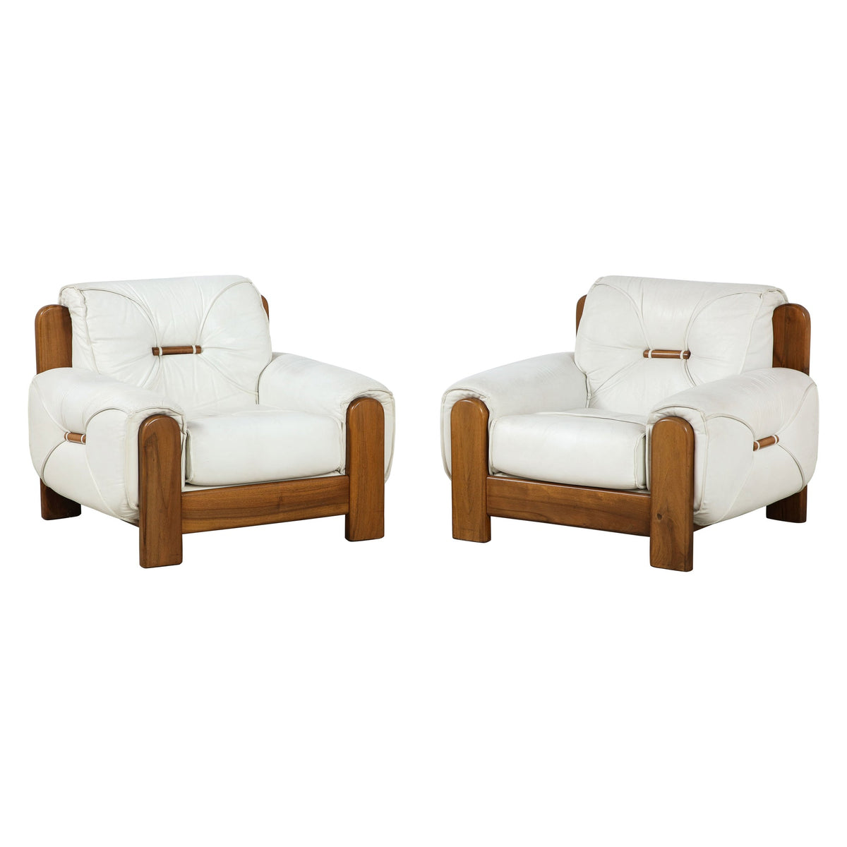 Rare 1970s Italian Lounge Chairs in Walnut and White Leather Set