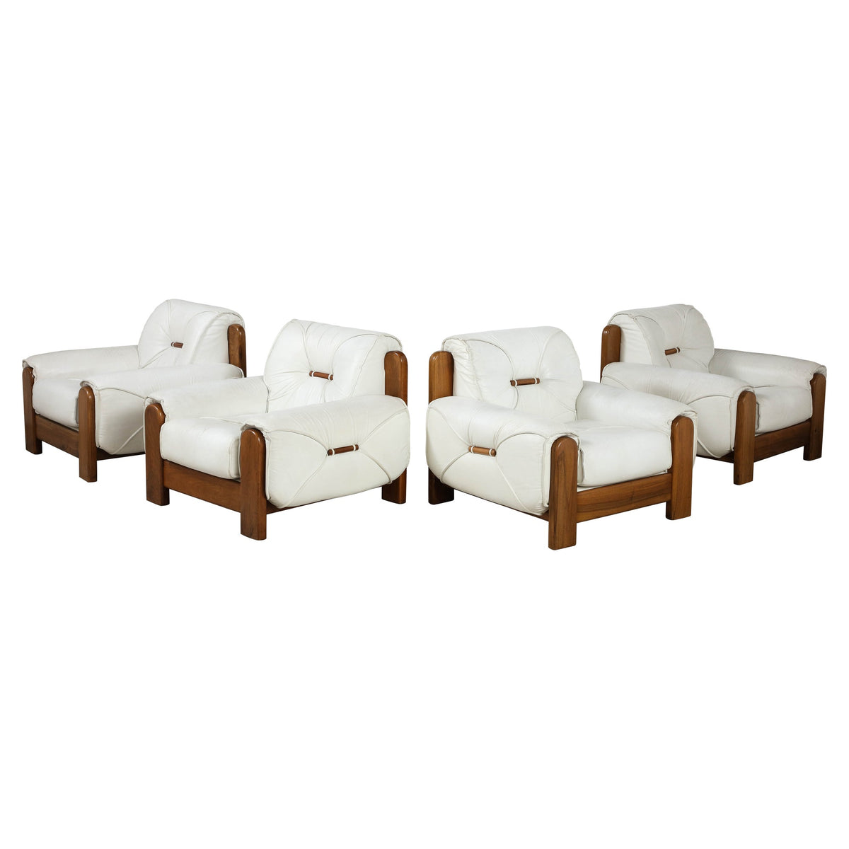Set of Four Italian Lounge Chairs, Walnut Frame, White Leather, 1970s