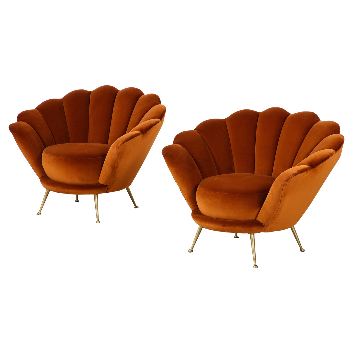 1950s Italian Lounge Chairs, Scalloped Velvet, Brass Legs