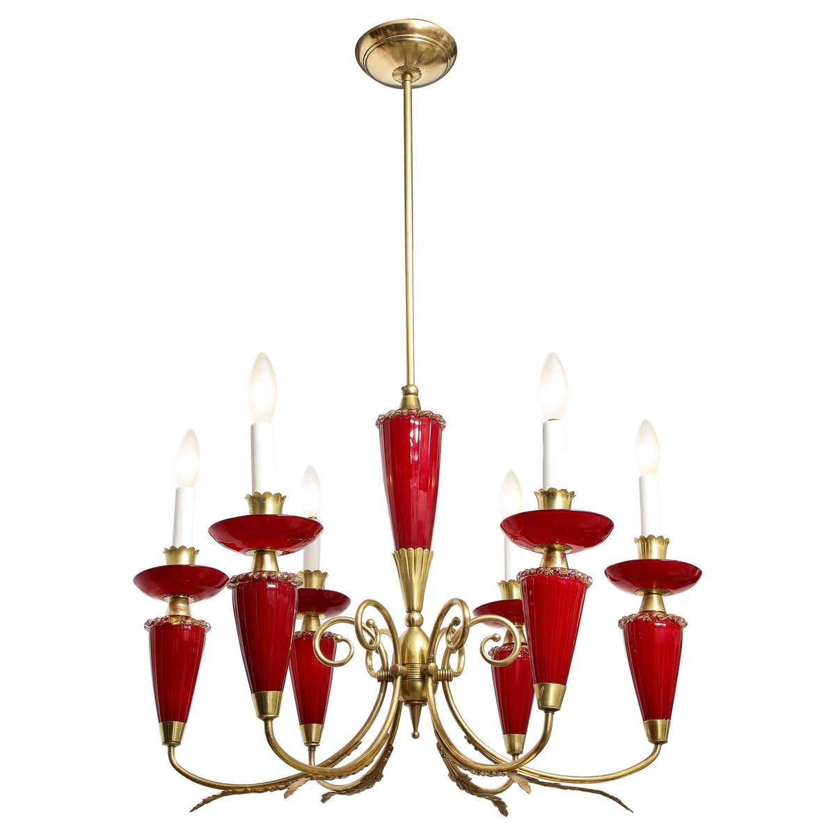Murano Six-Arm Chandelier, Hand-Blown Glass & Brass, Italy, 1950