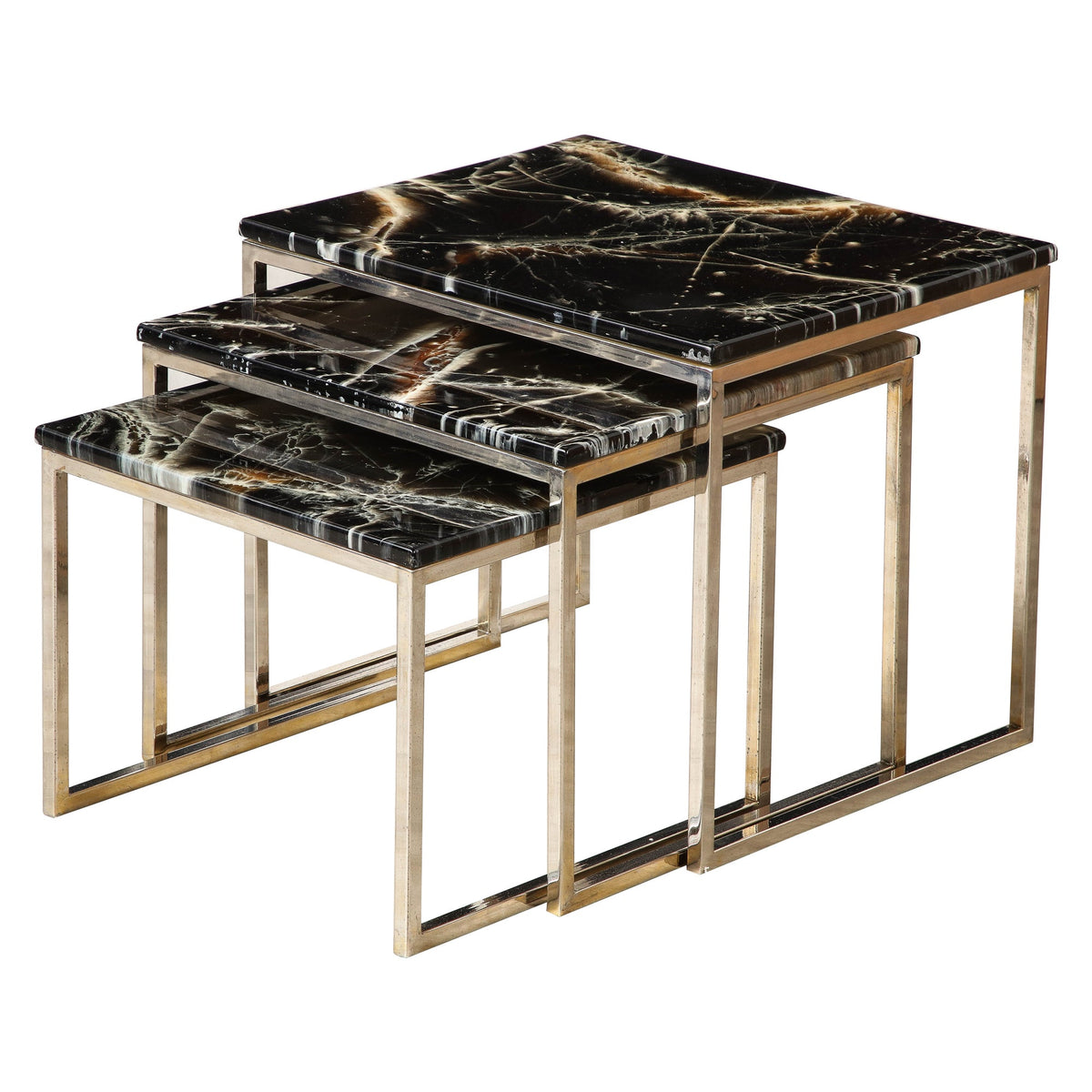 1970s French Nesting Tables with Chrome Base and Black Agate Finish