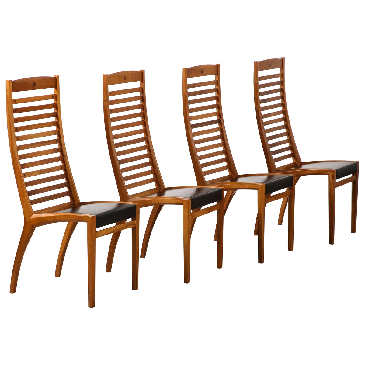 Set of Four Walnut Ladder Back Dining Chairs with Leather Seats, Italy