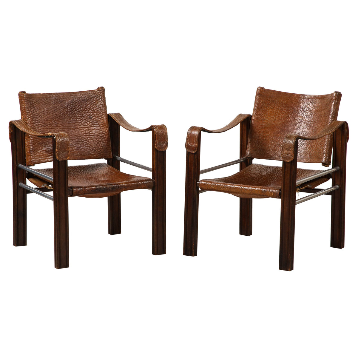 Pair of Spanish 1920's Pebbled Leather and Chrome Safari Armchairs