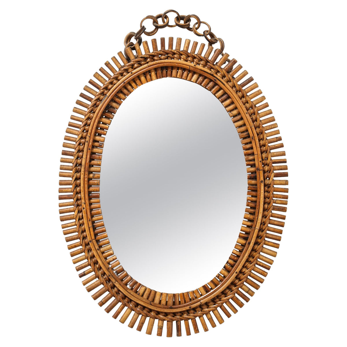 1950s Italian Oval Bamboo Mirror with Chain and Velvet Backing